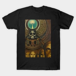 Surrealist painting like digital art of a Skull receiving light and a line of humans T-Shirt